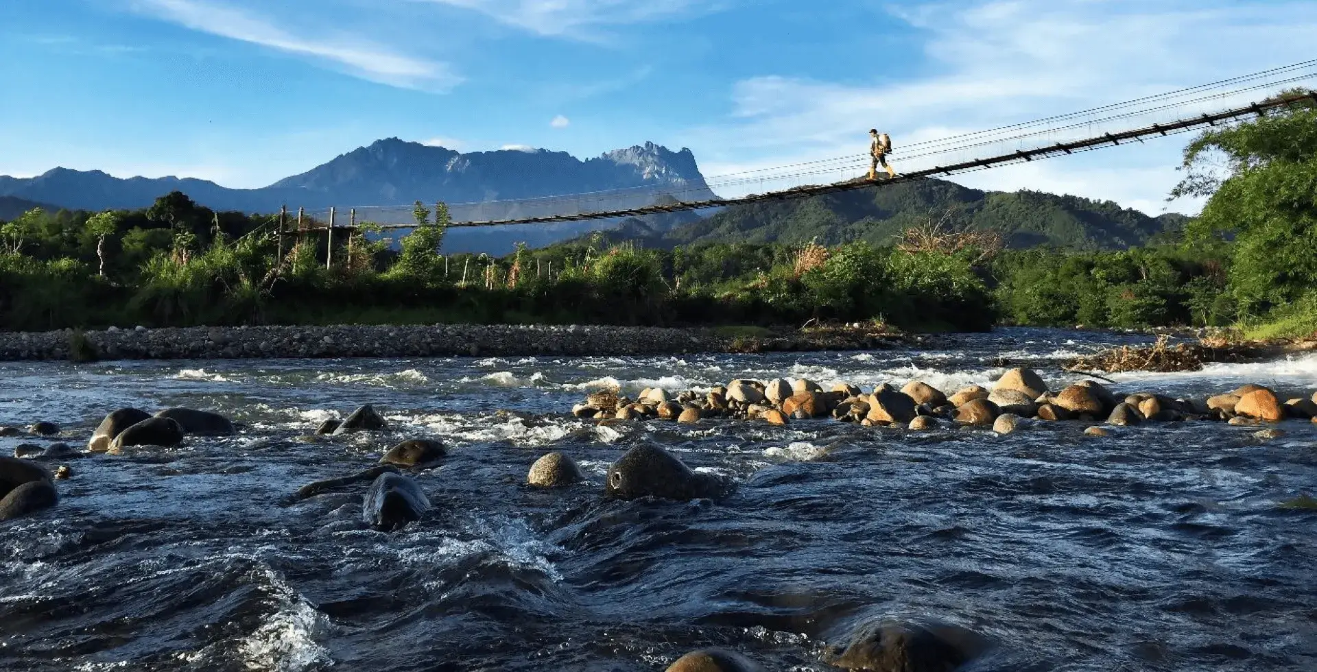 Suspension bridge over a river with mountains in the background